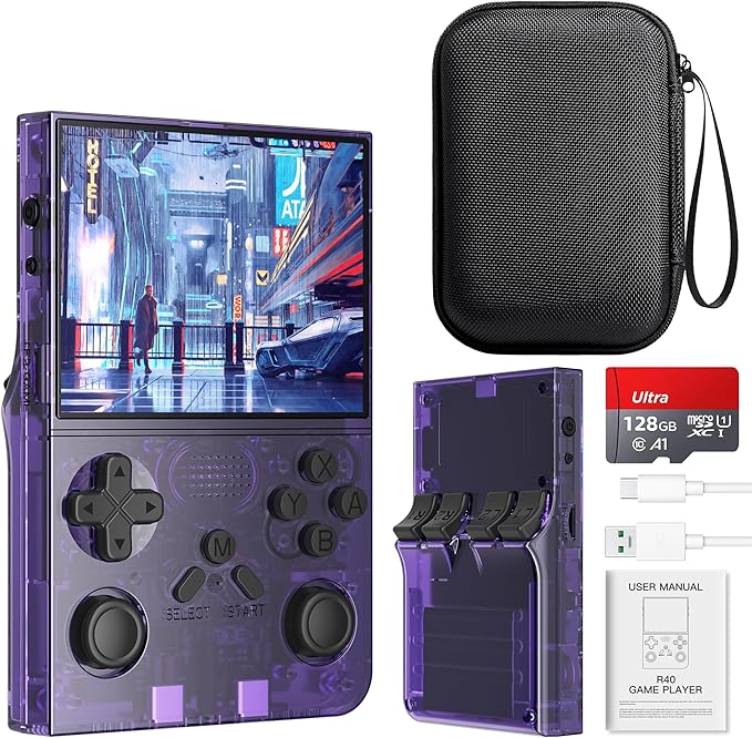 R40 Retro Handheld Game Console with Storage Case - Open Source System,3.5" IPS Screen, 18,000+ Classic Games, 128G TF Card, 3000mAh Battery, Portable Gaming Player for Travel, Purple