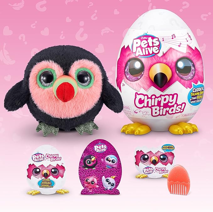 Pets Alive Chirpy Birds (Toucan) by ZURU, Electronic Pet That Speaks, Giant Surprise Egg, Stickers, Comb, Fluffy Clay, Bird Animal Plush for Girls