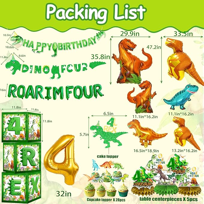 Roar I Am Four Dino 4 Birthday Party Decorations for Boys – Four Rex Themed 4th Birthday Kit Including Banner Backdrop, Tablecloths, Balloon ，Crown And Boxes For 4 Rex Party Supplies