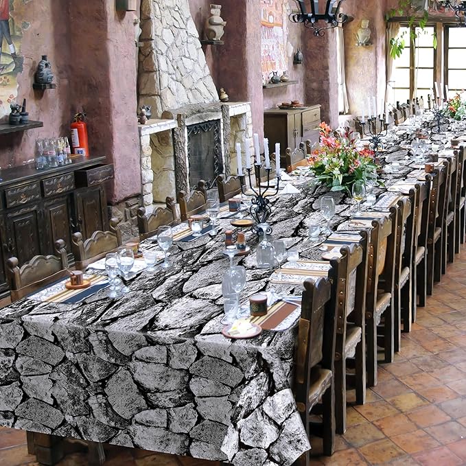 Kochorie 100 Ft X 54 Inch Halloween Stone Wall Tablecloth Roll with Cutter Box Disposable Plastic Stone Table Cover Medieval Party Castle Brick Wall Backdrop for Halloween Birthday Knight Theme Party