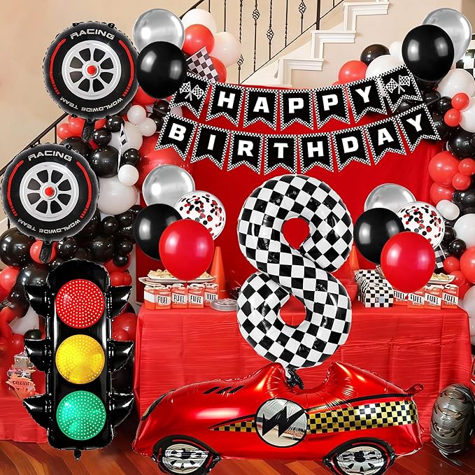 Race Car Birthday Party Decorations, with 40 Inch Number 8 Balloon, Happy Birthday Banner, Traffic Light and Foil Tire Balloon for 8th Car Themed Birthday Party Supplies