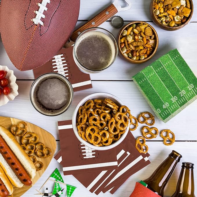 80 Pcs Football Birthday Party Supplies Disposable Paper Cocktail Napkins for Tailgate Party Decorations, Assorted 40 Pack Football Field Design and 40 Pack of football Pattern, Total 80 Pack