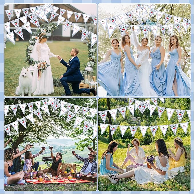 Jetec 49ft Cherry and Blue Gingham Party Decorations Blue and White Plaid Checkered Pennant Banner Gingham Bunting Flag Garlands for Cherry on Top Baby Shower Bachelorette Birthday Party Decors