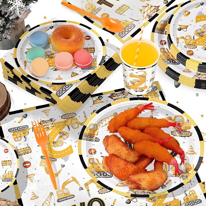 201pcs Construction 2nd Birthday Party Decorations 2nd Plates Napkins Tableware Set Disposable Paper Cup Banner Hanging Swirl Tablecloth for Boys Construction Two Years Old Party Supplies Serves 24