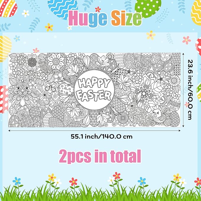 Dvbonike 2Pcs Jumbo Easter Mandala Coloring Poster - Easter Egg Bunny Flower DIY Drawing Color-in Paper Blank Art Banner 55.1 x 23.6 Inch Wall Decor, Home Classroom Activity Spring Party Supplies