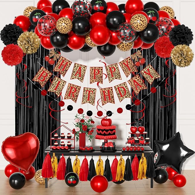 Red and Black Cheetah Birthday Party Decorations, Black Red Cherry Leopard Print Balloons Happy Birthday Banner Fringe Curtain Hanging Swirls Circle Dots Tassels Pompoms for Women Girls Party Supplies