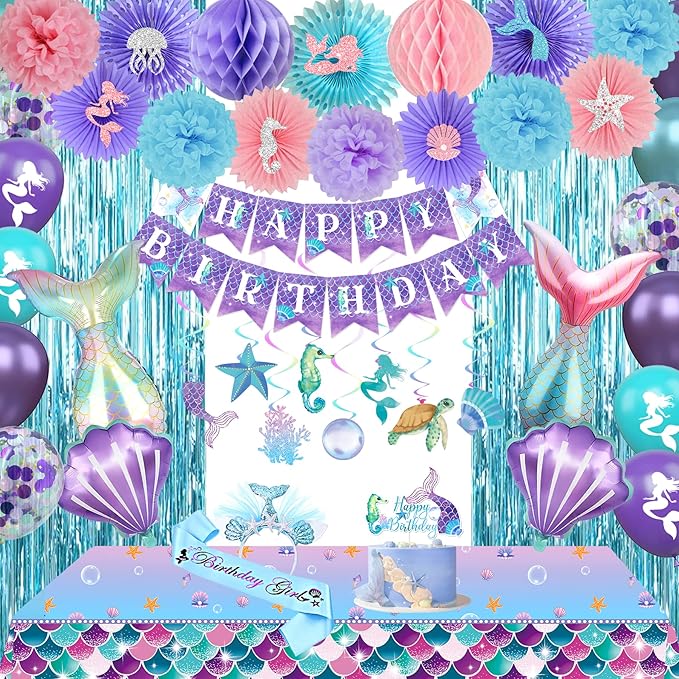 Mermaid Birthday Decorations for Girls, Under The Sea Party Supplies and Decor, Little Mermaid Theme