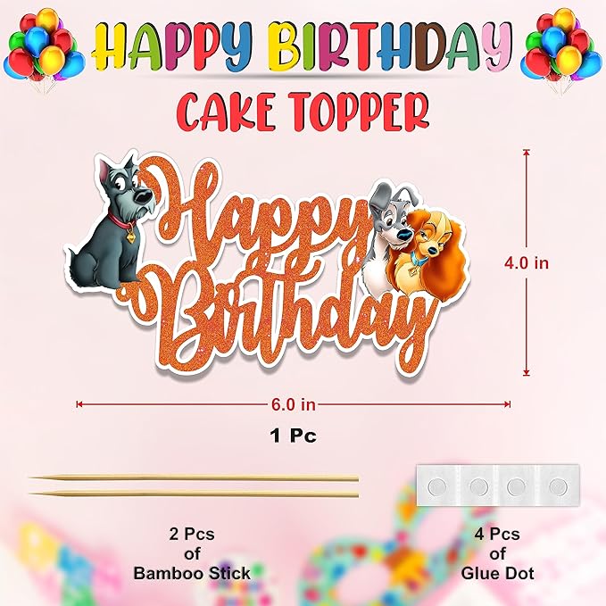 "Lady and the Trmp Happy Birthday Cake Topper – Inspired Theme Party Decoration for Girls and Adults – Glitter Cake Topper for Birthday Cake & Dog Theme Party Supplies, Cartoon Character Party Décor"