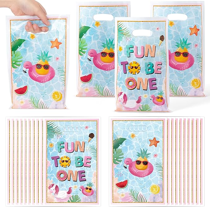 50Pcs Summer Pool Party Favor Bag Watercolor Pool Fun to Be One Goodie Treat Candy Gift Bag Summer Beach 1st Birthday Party Decor for Baby Boy Girl First Birthday Hawaii Beach Swimming Events Supplies