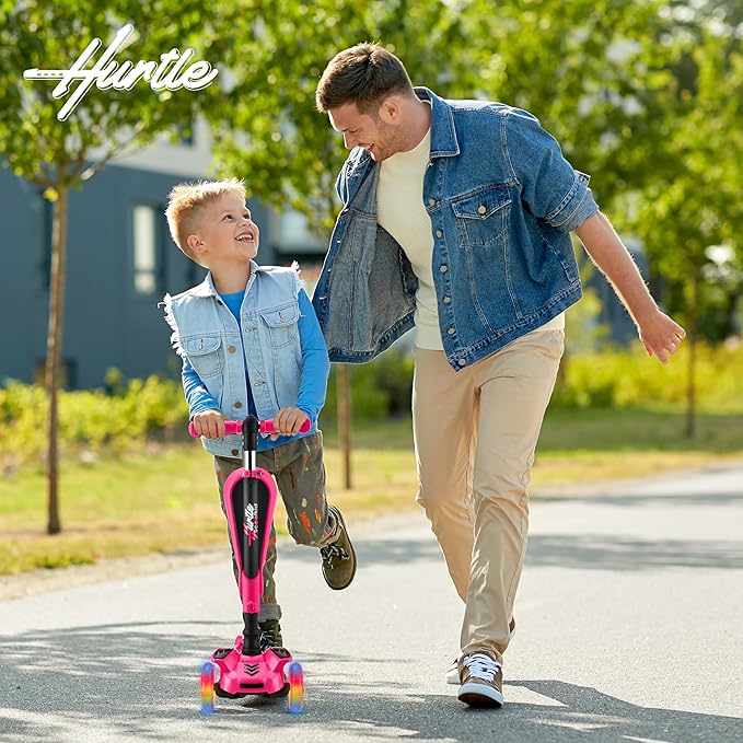 Hurtle 3-Wheeled Scooter for Kids - Wheel LED Lights, Adjustable Lean-to-Steer Handlebar, and Foldable Seat - Sit or Stand Ride with Brake for Boys and Girls Ages 1-14 Years Old