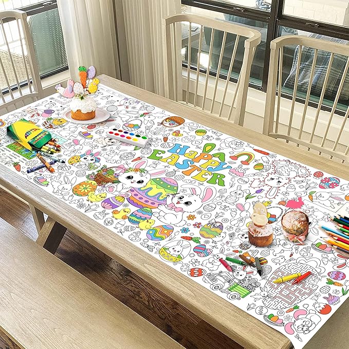 Easter Coloring Tablecloth for Kids, Large 30x72 Inch Poster with Bunnies, Eggs, Flowers, Perfect for Easter Party Games, Classroom Decorations, Spring Activities, and Holiday Supplies