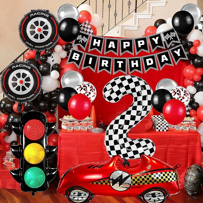 Race Car Birthday Party Decorations, with 40 Inch Number 2 Balloon, Happy Birthday Banner, Traffic Light and Foil Tire Balloon for 2nd Car Themed Birthday Party Supplies