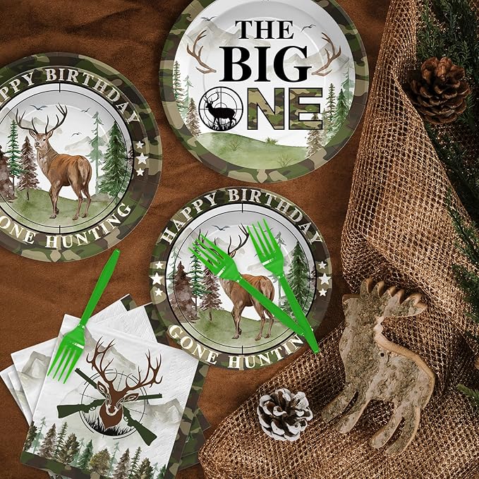 96Pcs The Big One Hunting 1st Birthday Party Decorations The Big One Plates and Napkins Disposable Hunting Camo Tableware Set for Boy Gone Hunting Deer Camo Theme First Birthday Party Supplies Serve24