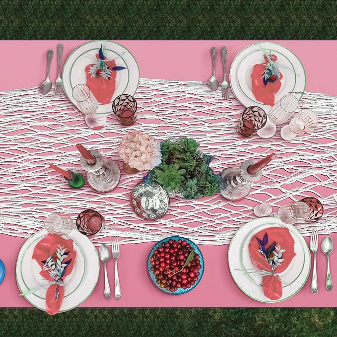 Unittype 6 Pack Fish Net Decorative and Tablecloth Set, Cotton Fishnet and Plastic Table Cover Decorations Set for Nautical Themed Party Baby Shower Pirate Decorations Mermaid Party Supply (Pink)