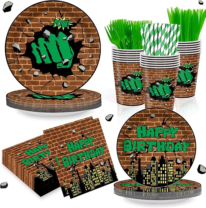 168PCS Green Hero Party Supplies SuperThemed Hero Birthday Party Decorations with Cartoon city Paper Plates and Napkins Forks Knives and Straws for 24 Guests