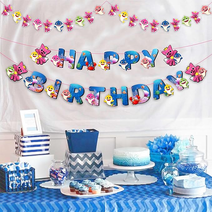 "Bby Shrk Theme Birthday Party Supplies – Complete Decorations Set with Happy Birthday Banner, Cake Topper, Cupcake Toppers, Garland, Table Décor, and Party Accessories for Boys and Girls"