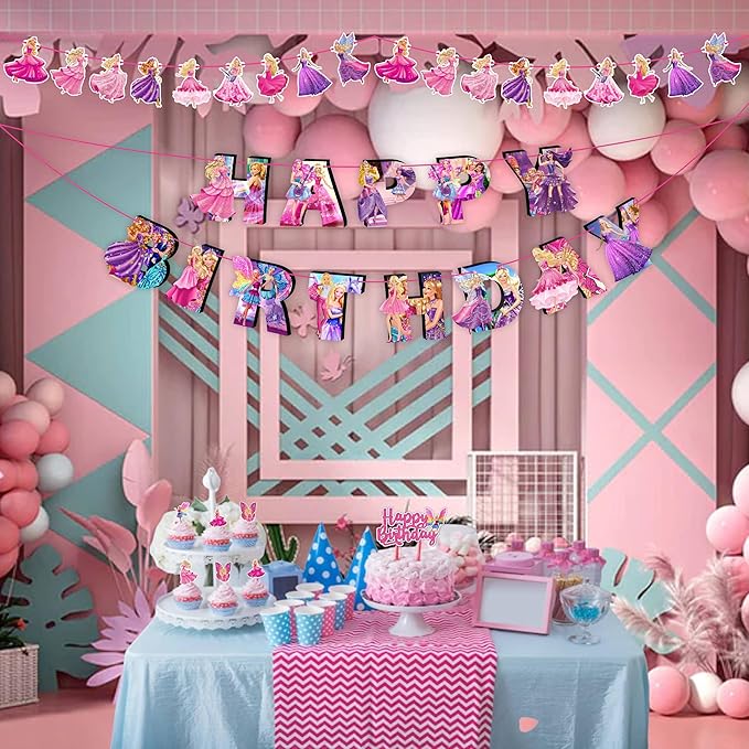 Barbe Theme Birthday Party Supplies - Decoration Set for Home Celebration, Cartoon Theme Party Décor Kit with Banner, Cake Topper and Table Decoration Accessories for Event Setup