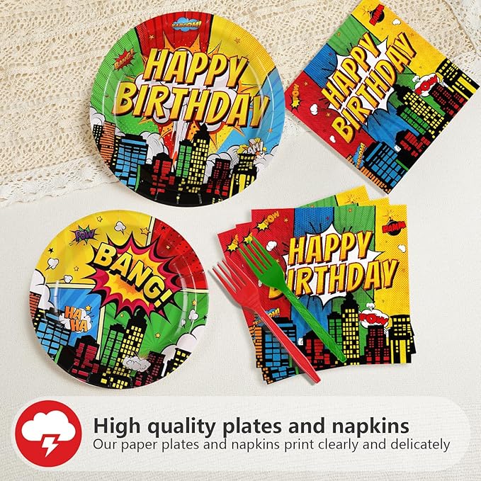 Grencian 96Pcs Super Theme Hero Party Supplies Hero's Action Sign Cityscape Plates and Napkins Tableware Sets Colors Comic Hero Decorations for Boys Cartoon Spider Birthday Favors Serve 24