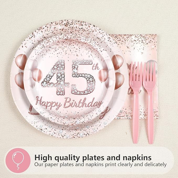 96Pcs 45th Birthday Party Decorations for Women Rose Gold 45th Birthday Paper Plates and Napkins Sets Pink Gold 45 Theme Decorations for Women Cheers to 45 Years Old Fabulous Party Supplies Serves 24