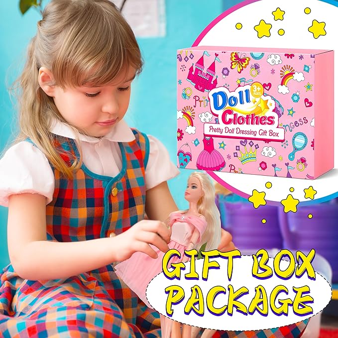 195 Pcs Doll Clothes and Accessories Kit, Include Princess Gowns, Fashion Skirt, Slip Dresses, Tops, Pants, Bikini Swimsuits, Shoes, Crowns, Necklaces, Glasses, Hangers in Gift Box for 11"-12" Dolls
