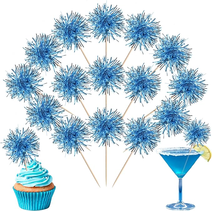 40 PCS Foil Firework Cupcake Toppers Light Blue Sparkler Cupcake Picks Sparkle Tinsel Fireworks Decorations Cocktail Fruit Toothpick for Firework Theme Birthday Wedding Graduation Party Decor Supplies
