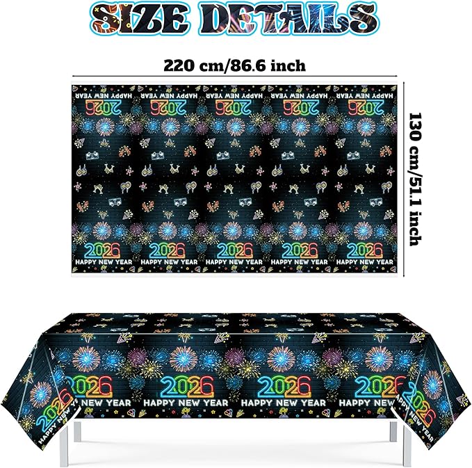 Neon New Year Tablecloth - 3Pack 2026 Happy New Year Eve Glow in The Dark Tablecovers Decoration Rectangle Tablecloth Carnival Party Table