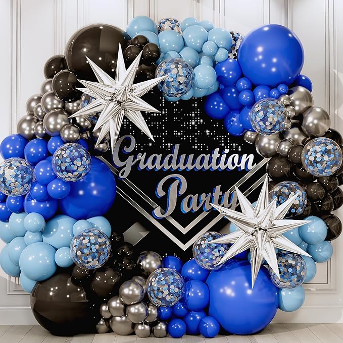 ALL-IN-1 Blue and Black Balloons Arch Kit with BONUS Starbursts – Small & Large Silver Black Blue balloons – Light, Navy, Royal Blues & Blacks Party Decorations for Baby, Graduation, Birthday, Gaming