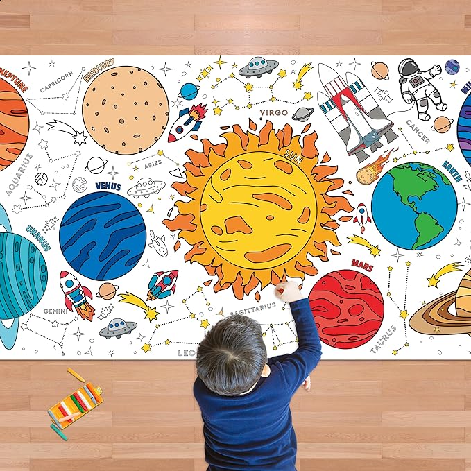 OHOME Space Giant Coloring Poster/Tablecloth - Space Themed Party Decorations - 30 x 72 Inches Jumbo Coloring Banner Kids Crafts Activities Decor Party Supplies