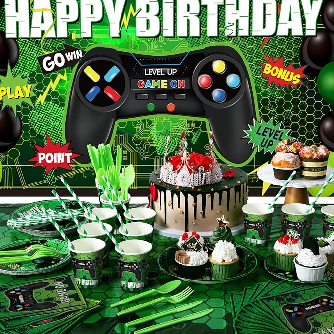 Tatuo 152 Pieces Video Game Birthday Party Supplies Gamer Party Table Cover Happy Birthday Backdrop Banner Tableware Balloons Sets for Boys Men Theme Party Decoration