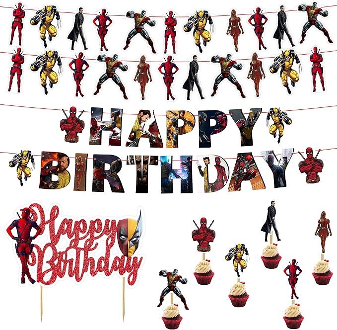 Dedpol Theme Birthday Party Supplies – Bold and Hilarious Comic-Inspired Party Decorations Set with Banner, Cupcake Toppers, Wrappers, Cake Topper – Funny Action Hero Style for Boys, Teens & Adults