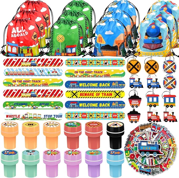 TOQI 98 Pcs Train Party Favors,Train Print Party Supplies Include Stickers Stamps Keychains Slap Bracelets and Drawstring Bags Party Decorations for Kids TrainTheme Birthday supplies (A-Train)