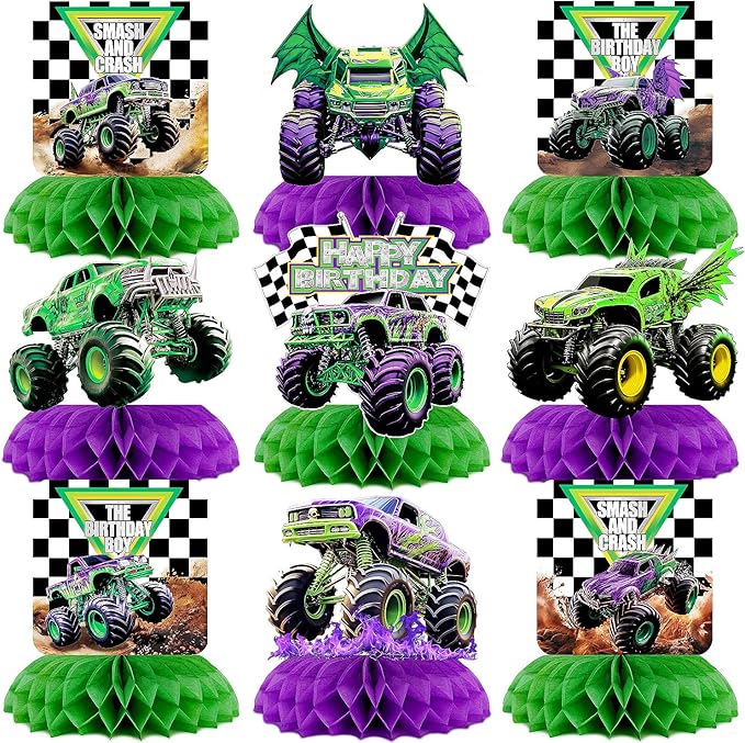 9Pcs Monster Truck Honeycomb Centerpieces Monster Truck Birthday Party Decorations Monster Truck Table Decorations Monster Truck Party Supplies