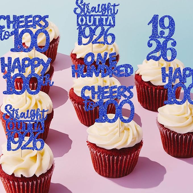 30 PCS 100th Birthday Cupcake Toppers Glitter One Hundred Happy 100 Straight Outta 1926 Cupcake Picks for Cheers to 100 Fabulous 100th Birthday Anniversary Party Cake Decorations Supplier Blue