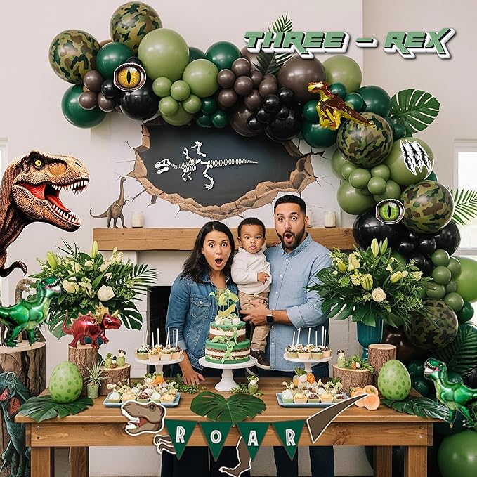 Dinosaur Birthday Party Decorations Includes Green and Brown balloon arch & Cute Small dino Foil balloons & Banner Footprint Sticker for kids jungle Safari dino ROAR Themed Supplies