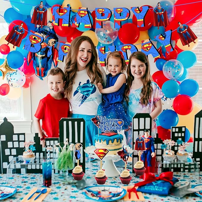"Suprmn Theme Birthday Party Supplies – Superhero Decorations Set – Includes Happy Birthday Banner, Cake Topper, Cupcake Toppers,Garland & Table Décor – Hero Party Decoration Kit"