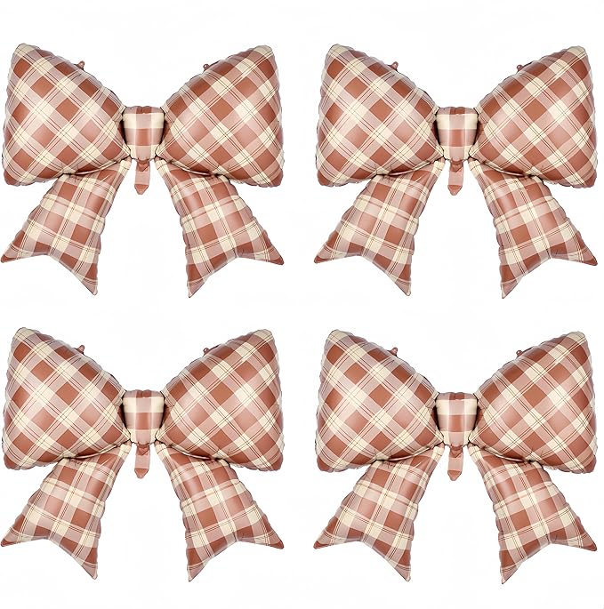 4Pcs Brown Plaid Bow Balloons 38"/Rustic Gingham Bowknot Foil Balloons for Coffee Baby Shower Decorations, Vintage Birthday,Maillard Style Birthday,Fall Party, Cozy Country Party Decorations
