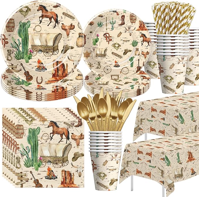 Western Cowboy Party Decorations Tableware For Birthday & Baby Shower - Wild West Party Supplies, Plate, Cup, Napkin, Tablecloth, Cutlery, Straw, Rodeo Party Decorations Dinnerware | Serve 24