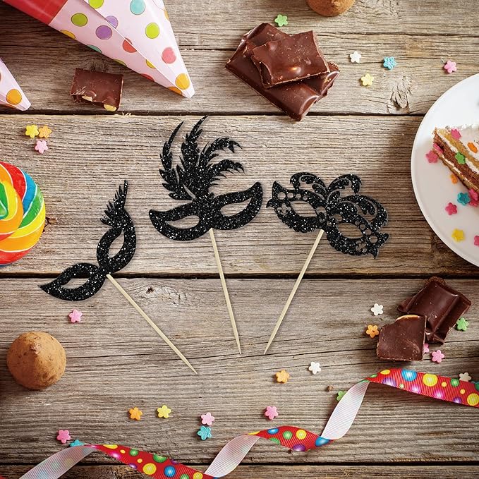 Gyufise 24Pcs Masquerade Masks Cupcake Toppers Glitter Bachelorette Party Mask Cupcake Food Fruit Picks Masquerade Mardi Gras Party Baby Shower Birthday Party Cake Decorations Black
