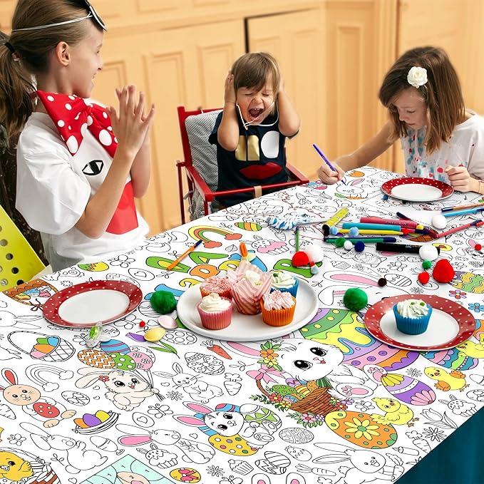 Easter Coloring Tablecloth for Kids, Large 30x72 Inch Poster with Bunnies, Eggs, Flowers, Perfect for Easter Party Games, Classroom Decorations, Spring Activities, and Holiday Supplies