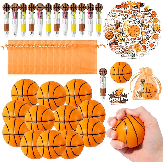 CY2SIDE 12 Pack Basketball Squeeze Toy Party Favor Gift Set with Ballpoint Pen Sticker and Organza Bag 2.5’’ Basketball Foam Stress Ball Classroom Prize for Kid Sport Lover Birthday Goodie Bag Stuffer