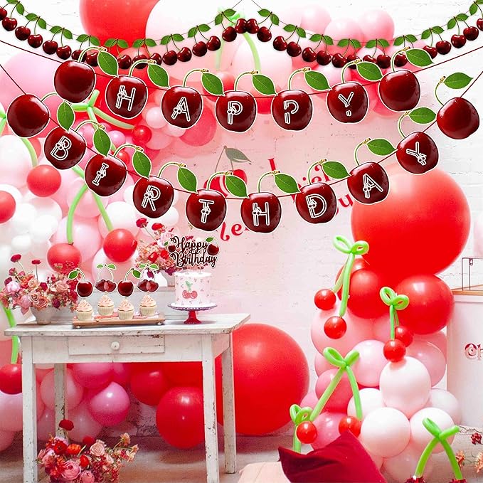 Cherry Theme Birthday Party Supplies – Sweet Fruit Inspired Party Decoration Set for Birthday Celebrations, Decorative Table Styling Items for Themed Events, Dessert Table Setup.