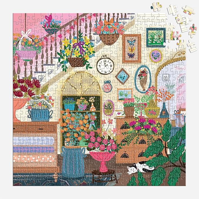 Galison Joy Laforme Flower Shop – 500 Piece Unique House Shaped Puzzle with Dreamy and Springtime Artwork of A Cozy Flower Shop