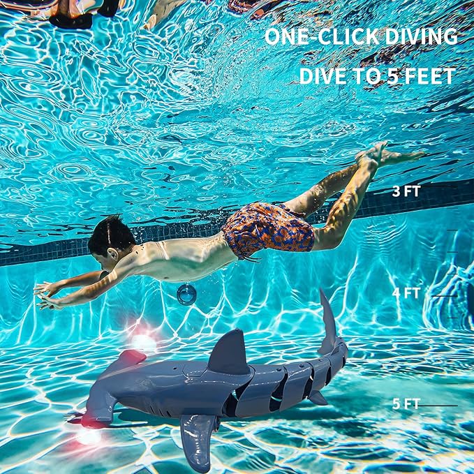 Remote Control Shark for Pool｜1:18 RC Shark & Dual Motors｜One-Touch Dive to 5 ft｜LED 2.4GHz Waterproof RC Submarine Hammerhead Shark Toy｜ Pool Party Gifts for Boys Ages 6-12(2 Batteries)