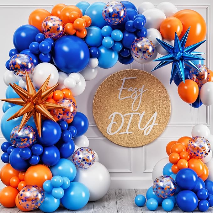 ALL-IN-1 Blue and Orange White Balloons Arch Kit & Garland – Small and Large White Oranges & Blues Balloons – Orange and Blue Party Decorations & Supplies for Birthday Party, Nerf, Blippi, Graduation