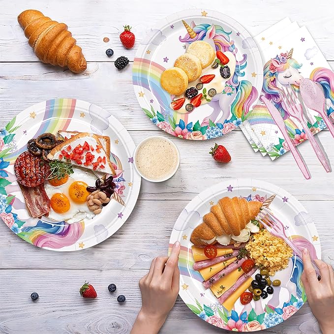 192pcs Unicorn Plates Napkins Unicorn Birthday Party Supplies Disposable Paper Cups Straw Tableware Set Pink Knives Forks Spoons Girls Birthday Party Decorations 24 Guests
