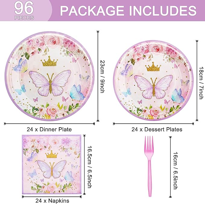 96 Pcs Butterfly Birthday Party Plates Napkins Forks Supplies Tableware Set Disposable Table Butterfly Theme Decoration for Girl Birthday Party or Baby Shower, Serves 24 Guests