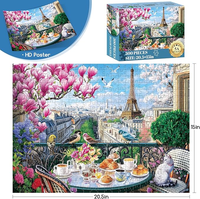 500 Piece Puzzle for Adults | Brunch in Paris Puzzle | Recycled Cardboard Eiffel Tower Paris Jigsaw Puzzle 500 Pieces | Impossible Challenge Game Home Decor Birthday Party Gift for Adults Seniors