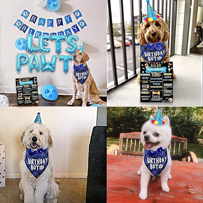 Dog Birthday Party Supplies, Blue Dog Birthday Decorations, Lets Pawty Balloons Banner, Dog Baday Bandana Hat Scarfs