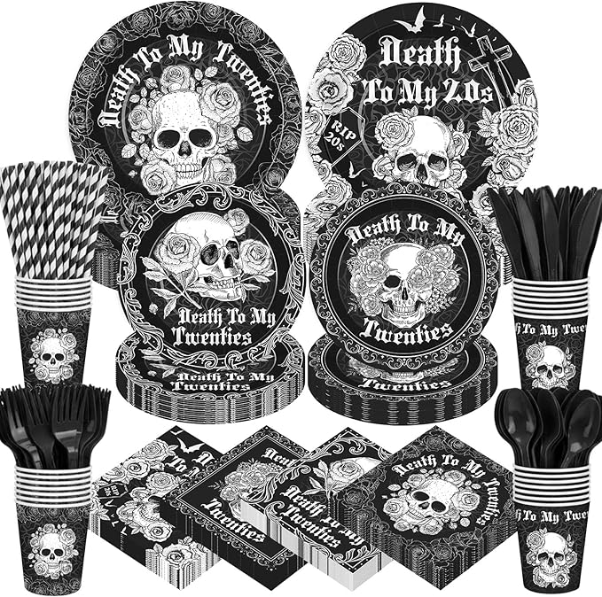 450 Pcs Death to My 20s Tableware Set Black White 30th Birthday Party Decorations Rip to My 20s Paper Plates Napkins Cups Cutlery Straws for Funeral Youth Birthday Supplies, Serves 50