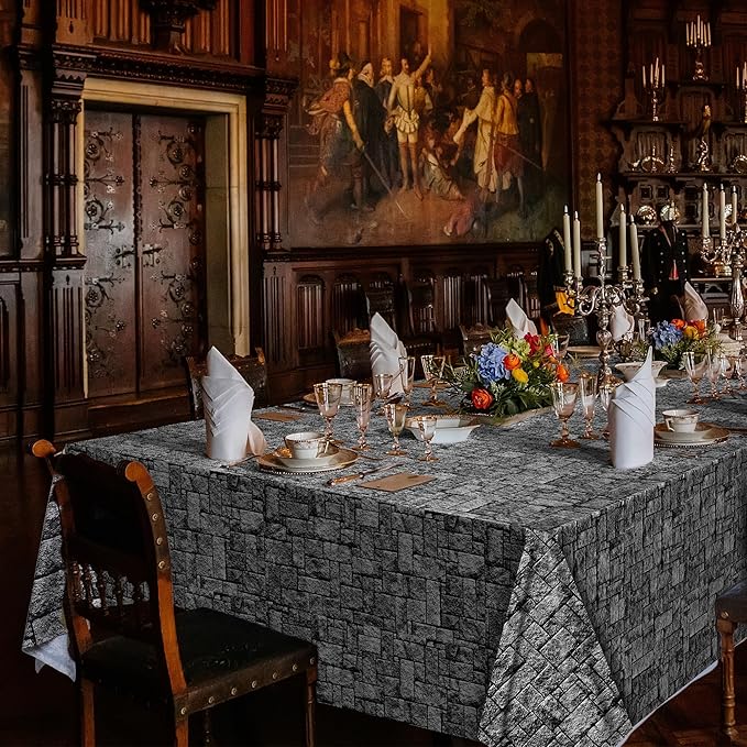 Kochorie 200 Ft X 54 Inch Stone Wall Tablecloth Roll with Cutter Box Disposable Plastic Stone Table Cover Medieval Stone Brick Table Cloth Dirt Floor Wall Backdrops for Farm Wedding Birthday Party
